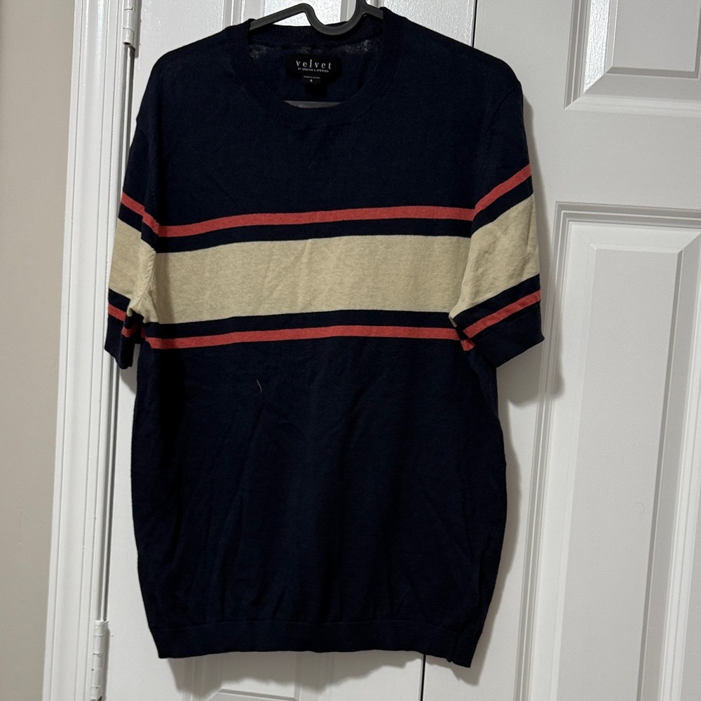 Velvet’s Unisex lightweight Navy shortsleeved Sweater - Salmon and Cream Stripes